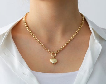 14k Gold Rolo Link Necklace with Heart Charm | Thick Belcher Chain Gold Necklace, Sailor Lock Clasp, Puffy Heart Charm | Gift for Her