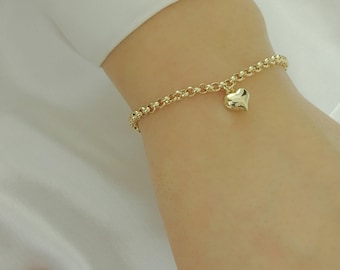 14k Gold Rolo Chain Bracelet | Puffy Heart with Evil Eye Bead Charm