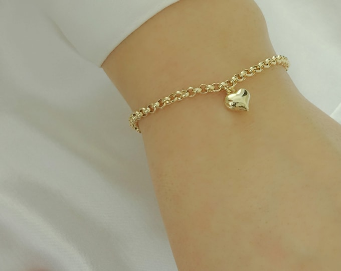 Belcher Bracelet Rolo Chain w/ Puffy Heart Charm and Evil Eye Bead Bracelet | 14k Gold Stacking Dainty Bracelet w/ Love Charm Fine Jewelry
