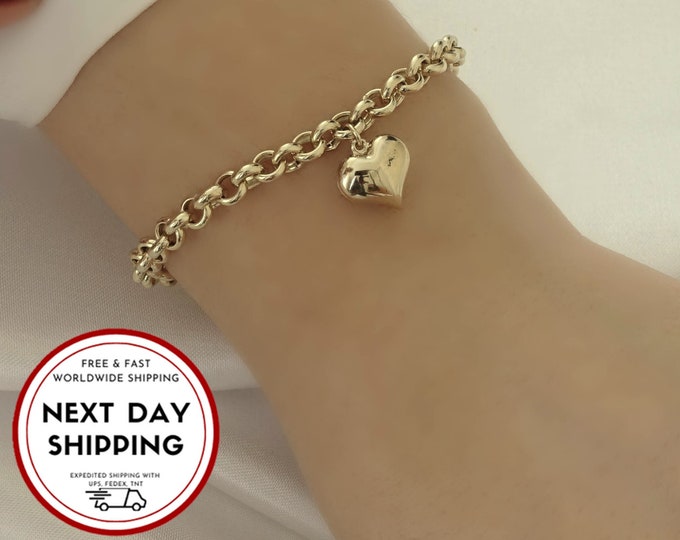14k Gold Bracelet, Heart Charm, Thick Rolo Chain,  | Fine Jewelry in Love Puffy Heart Minimalist Bracelet for gift for her, Everyday Use