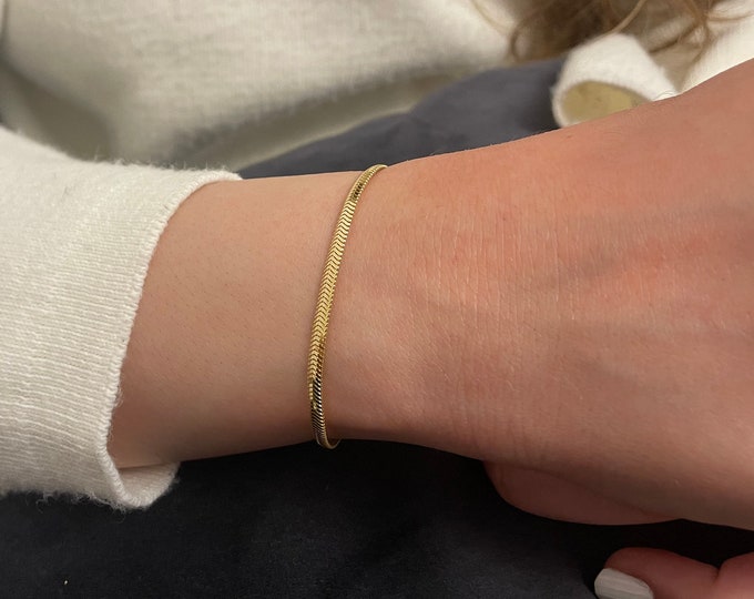 Herringbone Snake Chain Gold Bracelet | 14k Gold Fine Jewelry Straight Chain Chevron Bracelet, Stacking Bracelet | Valentine's Day Gift