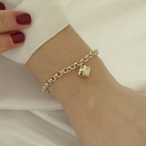 14k Gold Herz Bettelarmband | Puffy Rolo Kette Minimal Liebe Schmuck