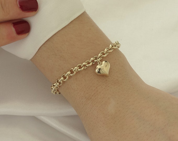 14k Gold Heart Charm Bracelet | Puffy Rolo Chain Minimal Love Jewelry