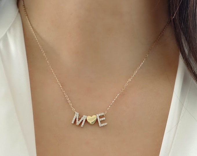 14k Gold Custom Initial Letter Necklace | Personalized Capitals 3D Letter Necklace, Thick Letter and Heart Charm Necklace, Anniversary Gift