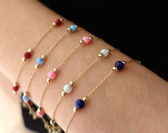 14k Gold Coral, Opal, Lapis Beaded Dainty Bracelet | Gift for Her, Everyday Bracelet, Graduation Teen Gift Birthstone Birthday