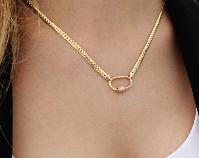 Teardrop Diamond Carabiner Clasp | 14k Gold Drop Carabiner Charm & Pendant, Herringbone Chain, Flat Snake Chain, Carabiner with Gemstone
