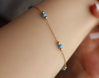 December Birthstone, 14k Gold & Turquoise Beaded Dainty Bracelet, Aqua Blue Layering Bracelet, Fine Jewelry, Graduation Gift, Gift for her