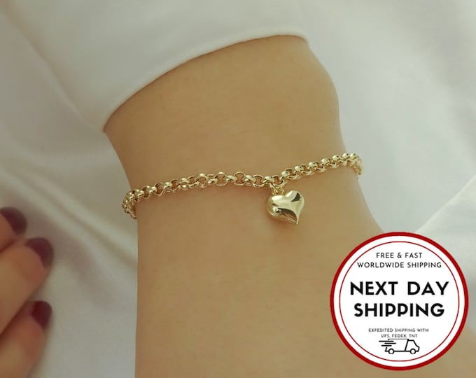 Rolo Chain w/ Puffy Heart Charm and Evil Eye Bead Bracelet | 14k Gold Stacking Dainty Bracelet w/ Love Charm Fine Jewelry | Gift for Her
