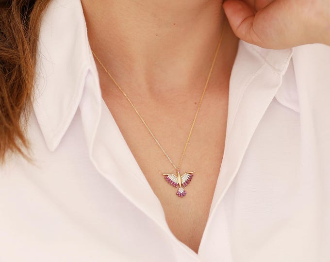 14K Gold Blue Turquoise Firebird Necklace | Small Phoenix Pendant, Minimal Pink Ruby Simurgh Charm, Handmade Dainty Jewelry, Graduation Gift
