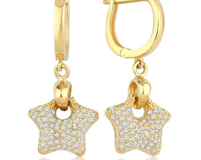 Star Shaped 14k Gold Drop Earrings | Latch Back Clip, English Lock, Dangling Shiny Earrings, Zircon Gem Puffy Star Earrings | Gift for Her