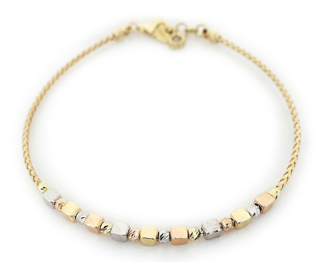 Cubic Design Italian Mesh Chain Bracelet | Round Straw Braided 14k Gold Chain Bracelet w/ Yellow, Rose, White Gold Ball Beads | Gift for Her