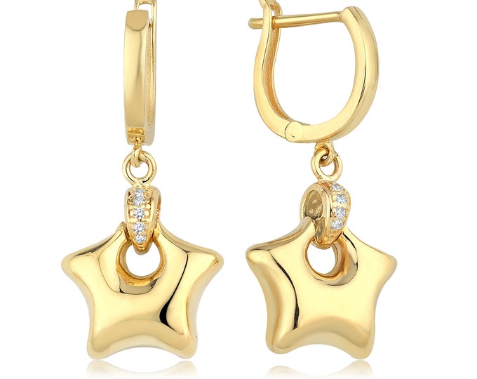 14k Gold Star Shaped Drop Earrings | Latch Back Clip, English Lock, Dangling Shiny Earrings, Minimal Gift Puffy Star Earrings | Gift for Her