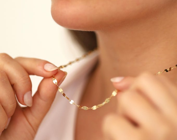 14k Gold Boomerang Chain Necklace | 3mm Sequin Chain Necklace, Lip Chain, Dainty Glitter Chain Layering Necklace, Sparkle Chain,Gift for Her