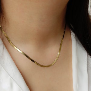 Italian Herringbone Layering Necklace | 14k Gold Shiny Flat Snake Chain | Elegant Design Harringbone Chain for Formal Wear | Gift for Her