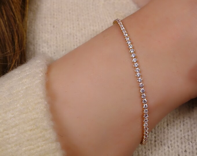 Tennis Bracelet with Cubic Zircon Crystals | Bridal Gift Fine jewelry  or Bridesmaid Gift | Elegant Shiny Bracelet | Gift for Her