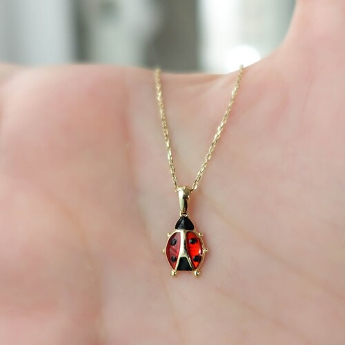 14k Gold Red Ladybug Pendant Dainty 