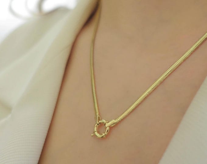 14k Gold Snake Chain Necklace | Sailor Lock Reversible Herringbone Jewelry