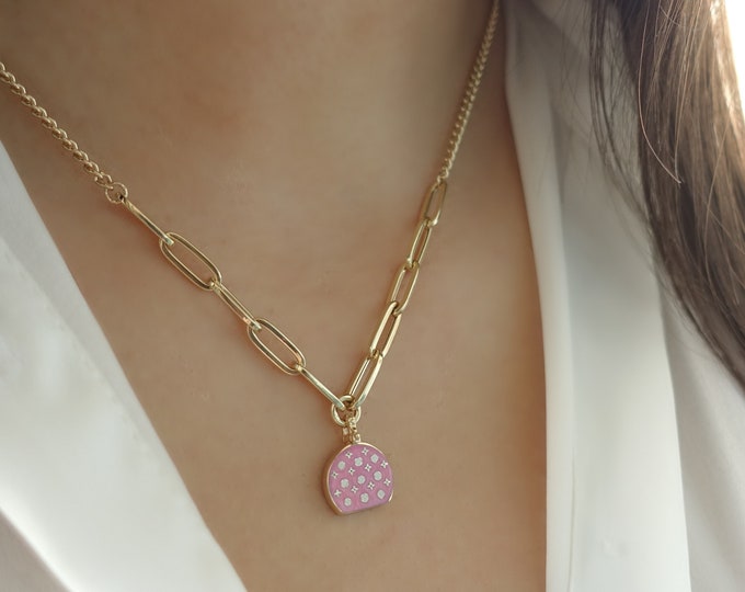 Bag Charm Necklace | 14k Gold Pink Bag White Spots Pendant w/ Paperclip Chain | Pink Charm Handbag Necklace, Fine Jewelry | Gift for Her