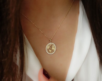 14k Gold World Map Pendant | Globe Continents Necklace Bezel Gemstone Jewelry