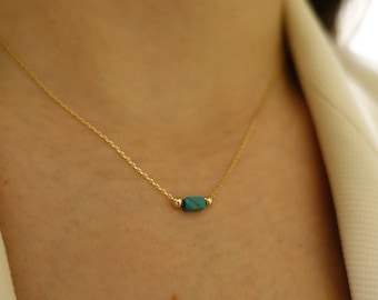 14k Gold Turquoise Rectangle Necklace | Blue Gemstone Prism Pendant, December Birthstone