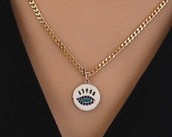 14k Gold Evil Eye Curb Chain | White & Blue Enamel Nazar Necklace