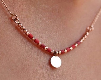 Red Coral Beaded Necklace, Pendant Coin Shaped 14k Gold In The Center,  Jewelry Real Coral Natural Stone and Gold Beads with Gold Chain