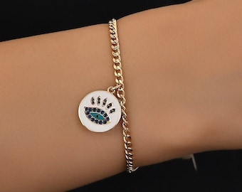 14k Gold Eye Nazar Enamel Bracelet | Curb Chain Bracelet w/ Evileye Charm on Gold Disc, Eyelash eye lash on White Enamel | Gift for Her