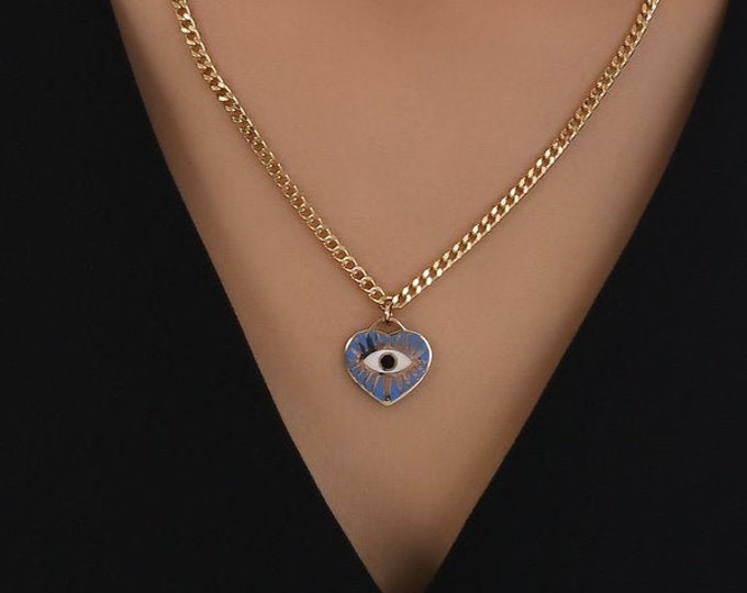 Heart Evil Eye Charm Necklace | 14k Gold Curb Chain Necklace w Enamel Evileye Talisman, Turkish Bad Eye Whammy Protection | Gift for Her