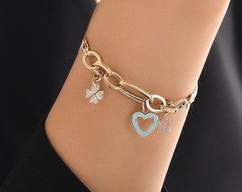 Clover, Heart, Star Charm Bracelet | Gold Shemrock Herringbone Chain 14k Gold Bracelet, Luck, Celestial, Love Charms | Valentine's Day Gift