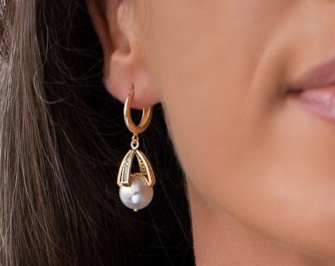 14k Gold Pearl Drop Earrings | AAA Freshwater Huggie Earrings with Zircon Stones