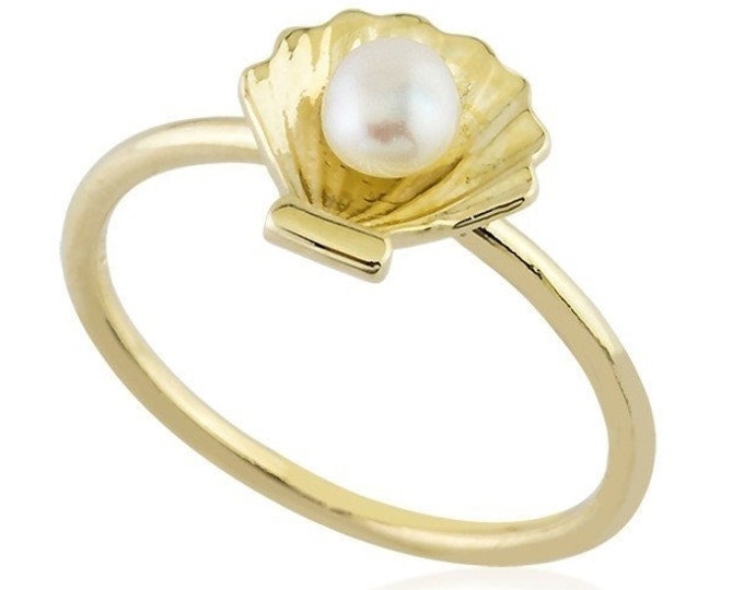 Pearl in SeaShell Ring | Cockle Shell 14k Gold Dainty Statement Ring | Aquatic Pearl Oyster Shell Marine Ring