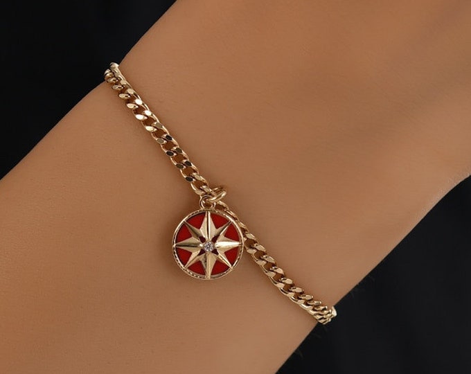 North Star Red Pendant | 14k Gold Curb Chain Bracelet w/ Polestar Polaris Star Gold Emblem on Red Enamel Disc Charm, Valentine's Day Gift