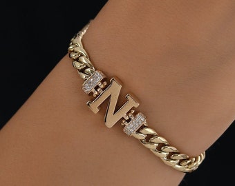 Bracelet en or avec grosse lettre initiale | 1 caractère 14k Gold Curb Chain Chunky Heavy Bracelet personnalisé, cadeau pour elle | Cadeau pour elle