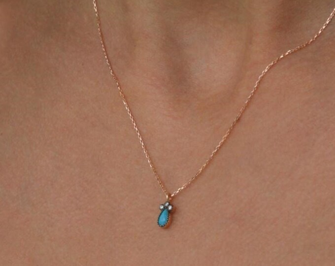 14k Gold Turquoise Teardrop Necklace | Minimal Bezel Blue December Birthstone Pendant