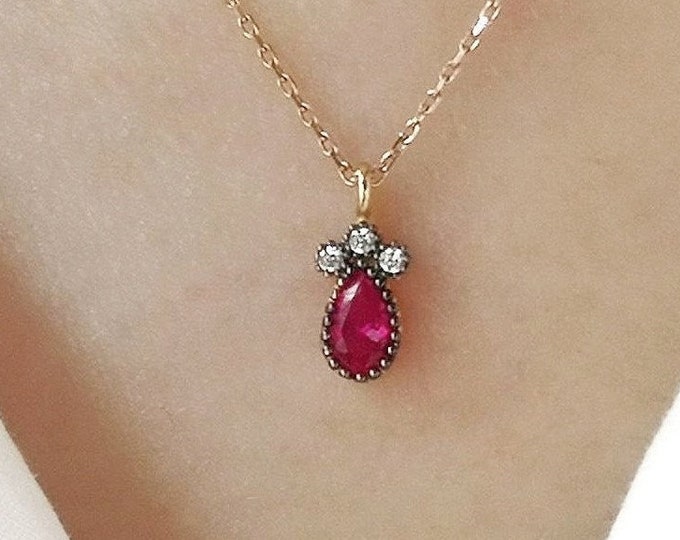 Ruby Teardrop Necklace | Ruby Gemstone 14k Gold Pendant with Gold Dots Bezel Setting | Ruby July Birthstone | Valentine's Day Gift