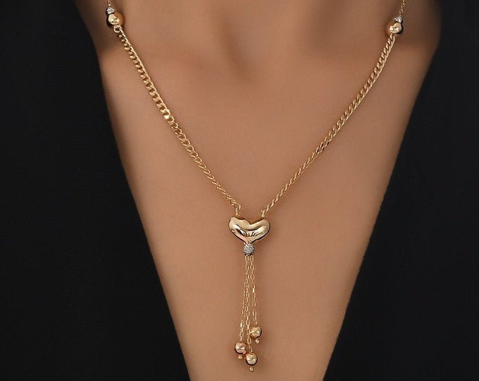 Gold Heart Dangle Neckdrop Necklace | 14k Gold Curb Chain Y Necklace with Gold Balls Triple Dangling Lariat Jewelry, Valentine's Day Gift