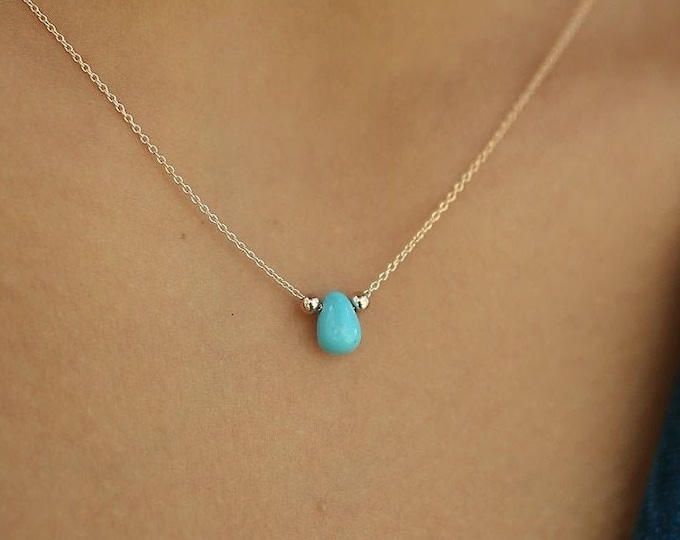 Turquoise Gem Teardrop Necklace | Drop Shaped Minimal Necklace with Gold Beads | Healing Crystal Blue Turquoise Pendant | Gift for Her