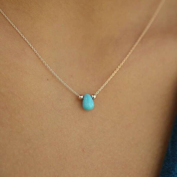 Turquoise Gem Teardrop Necklace | Drop Shaped Minimal Necklace with Gold Beads | Healing Crystal December Birthstone | Valentine's Day Gift