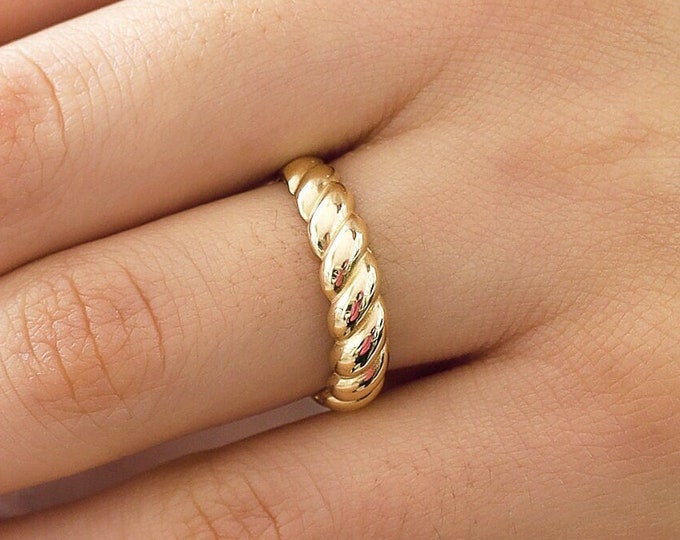14k Gold Twisted Dome Rope Ring | Stackable Engravable Band Rings, Wide Chubby Rings, Valentines Day Gift, Special Day Gift, Gift for Her