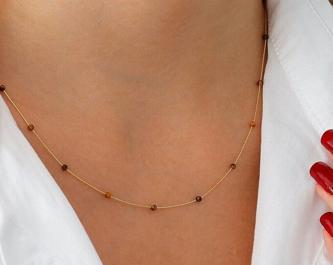 14k Gold Tiger's Eye Beaded Necklace | Healing Gemstone, Handmade Jewelry, Gemini Birthstone, Dainty Beaded Necklace, Best Friend / BFF Gift