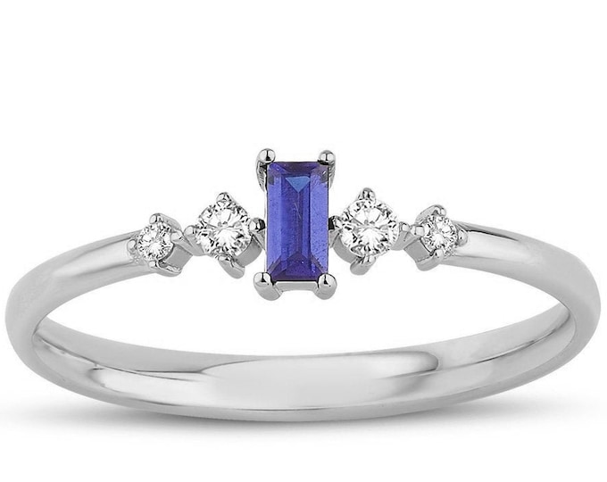 14k Gold Sapphire Ring | Handmade Jewelry, Sapphire Gemstone Ring, Bridesmaid Gift, September Birthstone, Baguette Cut Dainty Diamond Ring