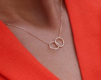 Gold Circle Necklace, Double RING INFINITY Necklace, Symbolized Eternal Togetherness, Two Entwined | 14k Gold Fine jewelry | Gift for Her