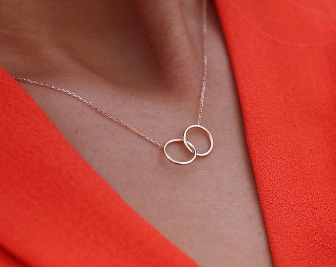 Gold Circle Necklace, Double RING INFINITY Necklace, Symbolized Eternal Togetherness, Two Entwined | 14k Gold Fine jewelry | Gift for Her