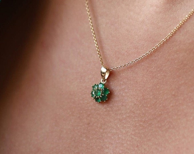 Hexagon Flower Emerald Necklace | Honeycomb Green Emerald Dainty Pendant with Gold Chain | May Birthstone Gem