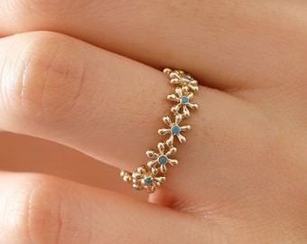 Daisy Ring w/Turquoise Natural Stone | 14k Gold, Stackable Stone Rings, Dainty Figure Rings, Valentines Day Gift, Birthday Gift,Gift for Her