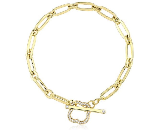 14k Gold Toggle Clasp Oval Paperclip Bracelet | T-Bar, Bold Link, Elongated Link, Paperclip Chain Layering Bracelet | Gift for Her