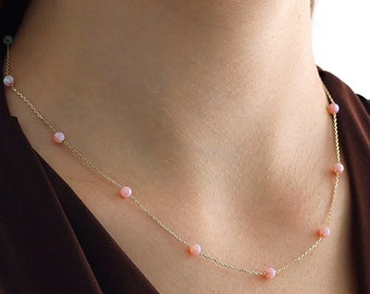 14k Gold Pink Opal Necklace | Pink Satellite Opal Necklace, Positivity Gemstone, Libra & October Birthstone, Zodiac Jewelry, Birthday Gift