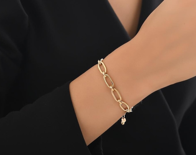14k Gold Large Chunky Bracelet | Large Cable Link & Round Link Chain Layering Bracelet | Paperclip Statement Bracelet | Valentine's Day Gift