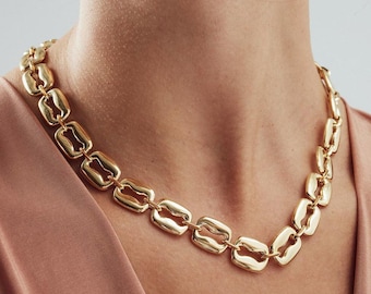 14k Gold Coffee Bean Chain Necklace | Chunky 13mm Bold Link Retro Statement Chain