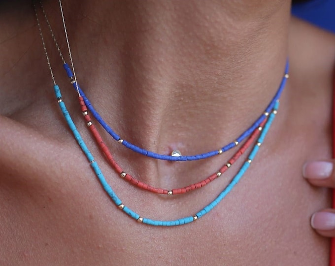 LAPIS Lazuli / CORAL / TURQUOISE and Gold Minimal Necklace, 14k Gold, Elegant and Natural Design | Lapis Stone Necklace, gift for her